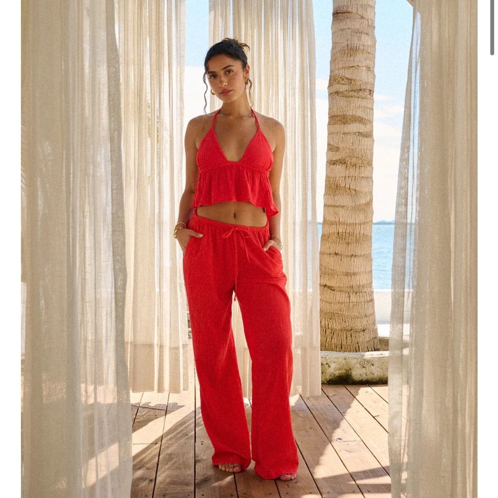 Red Wide Leg Lounge Pants and top set - Women's Casual Beach Pant